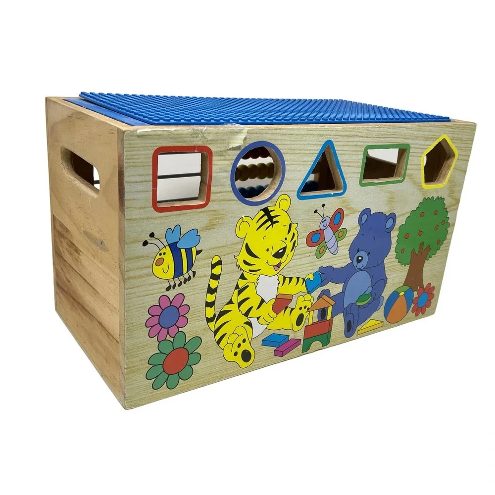Toy Chest Wooden Alphabet Lego Top + 57 Misc. Pieces 14x7x8  .01:S1418
